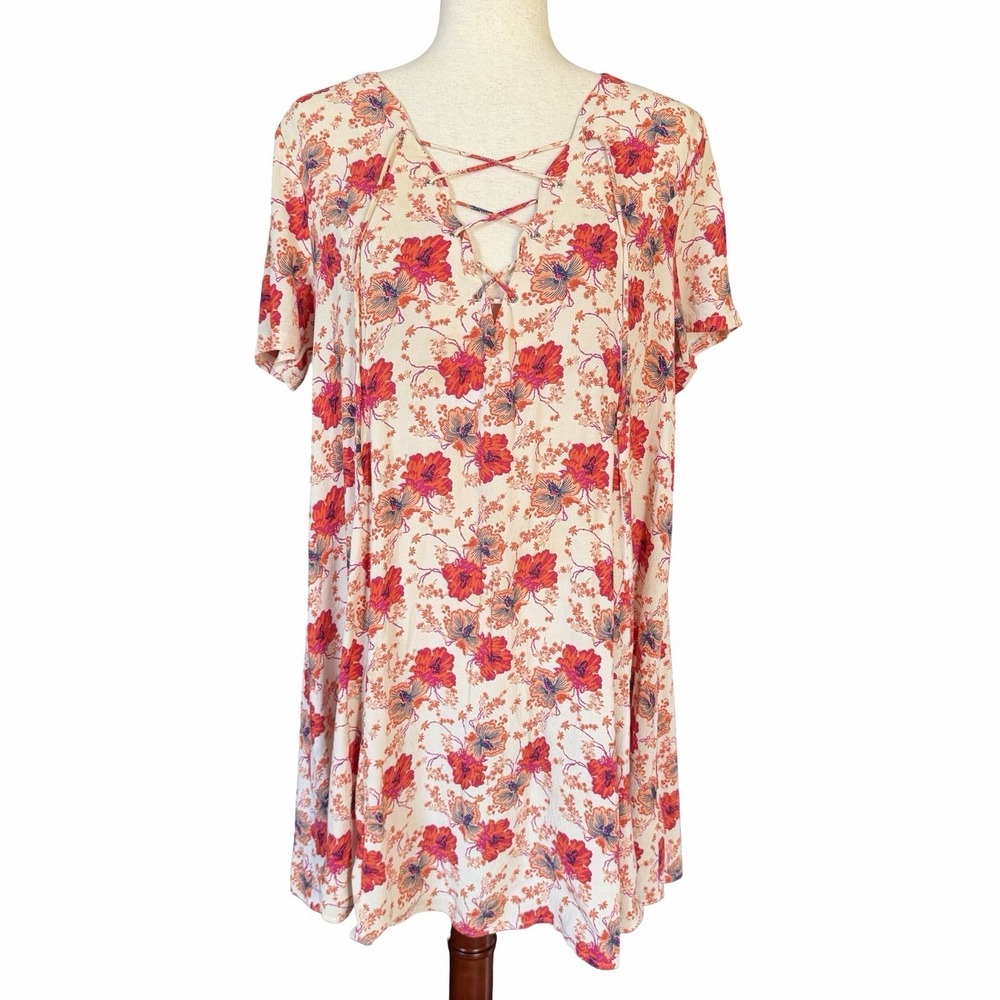 ASTR The Label Hibiscus Floral Lace Up‎ Dress Sz Large Shift Swing Mini Colorful